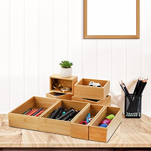 8 Pieces Bamboo Drawer Organizer Boxes, Stackable Drawer Organizer Storage Tray 4-Size, Versatile Dividers Cutlery Holders Bins Containers for Kitchen, Bathroom, Office Desk, Makeup, Jewelry - view 7