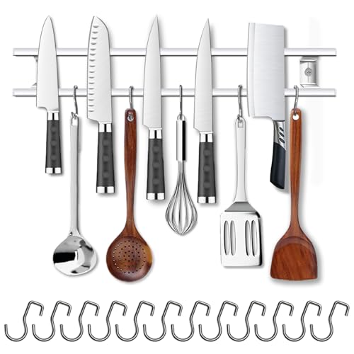 18 Inch Magnetic Knife Holder for Wall Mount-Magnetic Knife Strips with 12 Hook-304 Stainless Steel Wall Magnetic Knife Bar Rack-Knife Block-Knife Rack-Utensil Hanger-Kitchen Utensil Holder