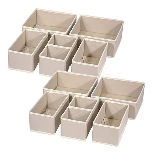 12 Pack Foldable Cloth Storage Box Closet Dresser Drawer Organizer Fabric Baskets Bins Containers Divider for Clothes Underwear Bras Socks Lingerie Clothing, Beige 444