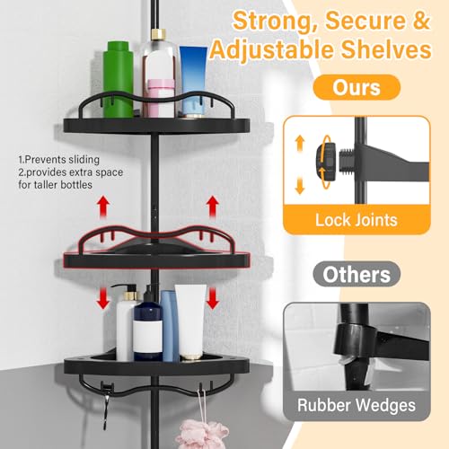Black Corner Shower Caddy Tension Pole - Heavy Duty Rustproof Stainless Steel Shower Organizer with 4 Adjustable Shelves, No-Drill Free Standing for Bathroom, Bathtub, RV,54" to 114" Tall - view 4