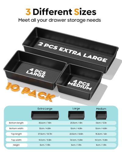 10 Pack Large Size Plastic Drawer Organizers Set, 3 Sizes Desk Drawer Organizer Trays, Storage Bins for Vanity, Makeup, Bathroom, Kitchen Utensils and Office (Black) - view 2