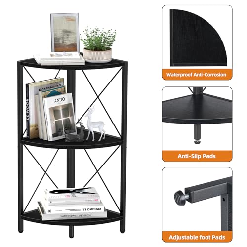 Corner Shelf with Metal Frame, 3 Tier Corner Storage Organizer, Freestanding Corner Bookshelf Stand Display Rack for Kitchen, Living Room, Black - view 7