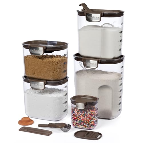 + Airtight Food Storage Container Set – Clear Plastic Flour and Sugar Canister Set with Magnetic Accessories for Kitchen Organization (Brown, 9-Piece)