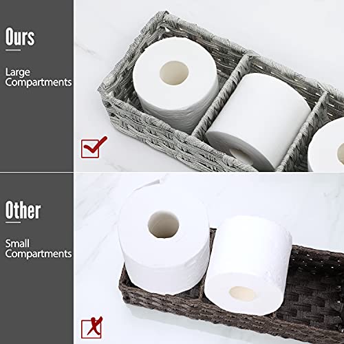 [Larger Compartments] Toilet Tank Topper Paper Basket - Multiuse Hand Woven Plastic Wicker Basket with Divider for Organizing, Rustic Farmhouse Bathroom Decor, Countertop Organizer Storage, Gray Wash - view 2