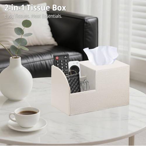 Square Tissue Box Cover with Storage, PU Leather Facial Cube Tissue Holder.TV Remote Control Holder, Desk Accessories Nightstand Organizer, Modern Table Caddy for Bathroom, Bedroom, Home, Office Decor - view 3