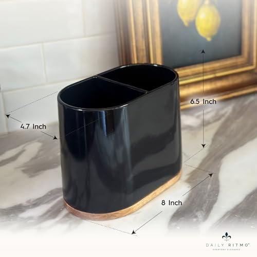 Black Large Oval Utensil Holder with Bamboo Base and Divider - view 6