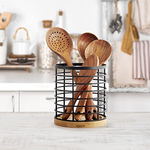 Utensil holder for Kitchen Counter - 5.2" x 5.2" x 6" Large Round with Wooden Base Matte Black Cooking Utensil Holder Utensil Organizer (Metal+Bamboo) - view 2