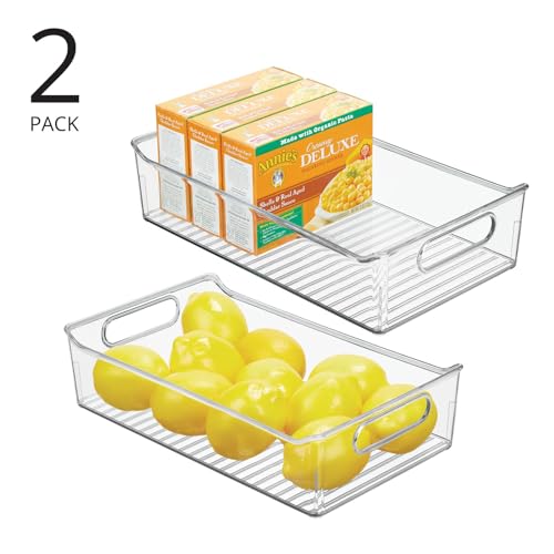 Plastic Kitchen or Pantry Storage Bins with Handles - Organization in Cabinet, Fridge or Freezer - Fruit Container for Refrigerator or Food Organizer for Pasta, Ligne Collection, 2 Pack, Clear - view 2
