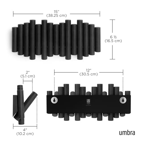 Picket Wall-Mounted Coat Rack Rail Hook with 5 Retractable Wood Pegs – Modern, Space-Saving Storage Organizer, Black - view 3