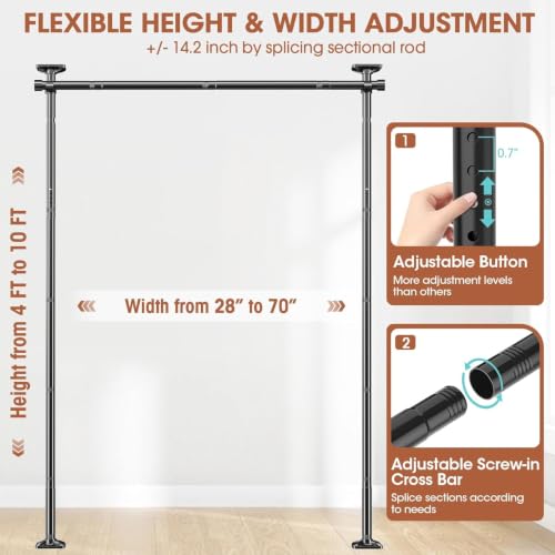 Room Divider Curtain Rod, No Drilling Room Separator for Space Partition Adjustable 4-10ft(H) 28-70inch(W) Heavy Duty Temporary Wall Divider Floor to Ceiling Tension Rod, Black - view 2