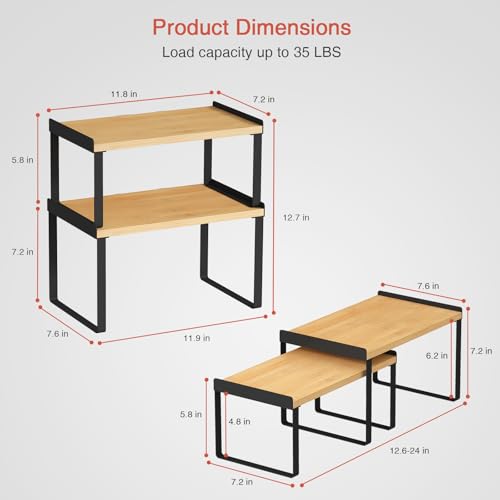 Cabinet Shelf Organizer Set of 4, Kitchen Counter Shelf Riser for Plates Dishes Cups Mugs Spices, Pantry Cupboard Cabinet Organizers and Storage Shelves Rack Insert for Countertop (Bamboo Wood) - view 6