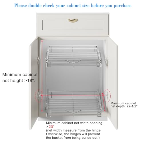 2 Tier Pull Out Cabinet Organizer (20" W X 21" D), Double Tier Wire Basket Slide Out Shelf Storage for Kitchen Base Cabinet Organization ​for Kitchen, Pantry, Bathroom, Chrome - view 4