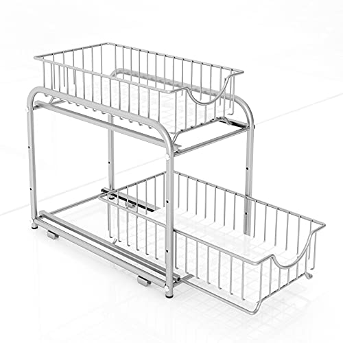 2-Tier Pull Out Organizer Under Sink Sliding Cabinet Rack,Sliver