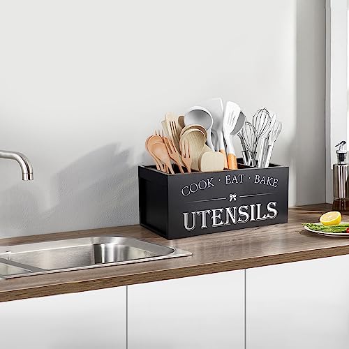 Extra Large Utensil Holder Countertop for Kitchen Counter,Wood,Black - view 7