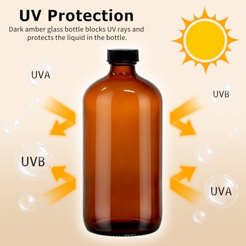 4 Pack 32 oz Amber Glass Boston Round Bottles with Polycone Caps - view 4