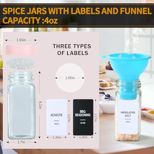 24 Glass Spice Jars with Labels, Spice Jar Set, 4oz Seasoning Containers, Spice Containers with Pink Airtight Lids and Shaker Lids, Square Empty Spice Bottles, 492 Labels, 1 Funnel - view 3