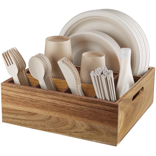 Acacia Wood Utensil Holder for Party - Paper Plate Organizer for Countertop - Silverware Caddy with 6 Compartments for Plate, Cup, Fork, Spoon - Cutlery Holder for Kitchen Camping Buffet