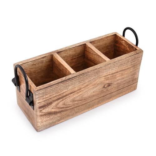 Mango Wood Cutlery Holder Caddy Organizer Wooden Utensil Storage Organizer Countertop for Silverware Fork Spoon Spatula 3 compartments (11" x 4" x 4.5")