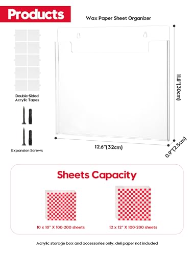 Wall-Mounted Parchment Paper Sheets Holder, Wax Paper & Deli Wraps Organizer for 10×10in/12×12in, Clear Acrylic Dispenser with Screws & Tapes for Kitchen & Bakery, Holds 100–200 Sheets - view 4