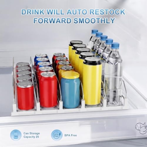 Drink Organizer for Fridge,5 Rows Fridge Soda Can Organizer,20oz 16oz 12oz-Self Pushing Soda Dispenser for Fridge,Adjustable Width-Holds up to 25 Cans,White - view 6