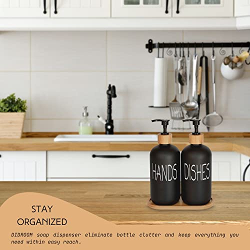 Glass Soap Dispenser Set. Hand and Dish with Bamboo Tray. Vintage Pump for Kitchen Drain Outlet Bathroom. Stylish Permanent Labels (Matte Black) - view 3