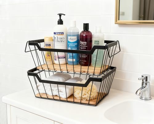 Metal Wire Basket with Handles Storage Organizer Stackable Organizing bins for Cabinet Shelf Countertop Under Sink Pantry for Kitchen,Bathroom,Laundry Closet,Set of 2pcs - view 3