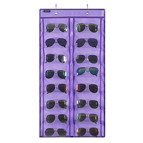 Over the Door Hanging Sunglasses Organizer Storage Sunglass Rack Holder Eyewear Display Case with 16 Clear Dust Proof Pockets (16 Pockets-Purple)