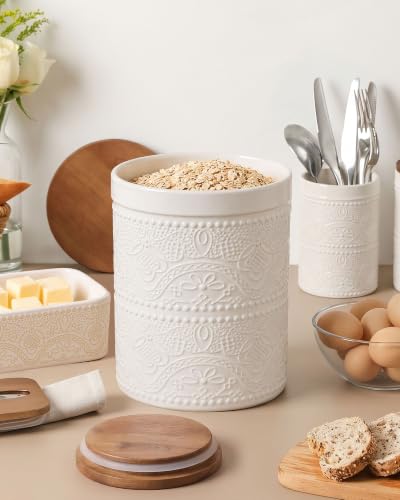 Ceramic Canister Sets for the Kitchen, Flour and Sugar Storage Containers, Coffee Canister with Airtight Lid for Countertops, Spices, and Food,(Lace Emboss) - view 4