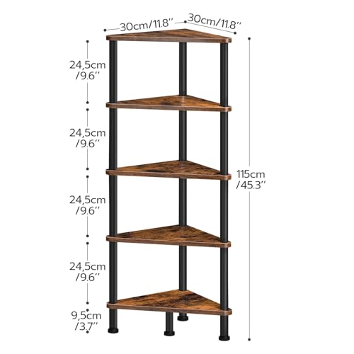 Corner Shelf Stand, Industrial 5-Tier Corner Bookshelf with Metal Frame, Plant Display Shelf, Small Bookcase for Small Spaces, Bedroom, Living Room, Rustic Brown BF33CJ01 - view 3