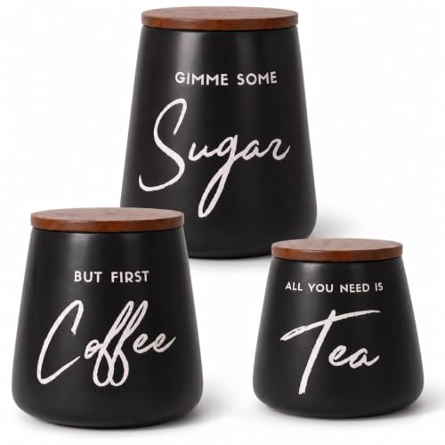 Modern Coffee Tea Sugar Container Set, 3pc Ceramic Storage Jar, Matte Black