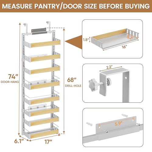 8 Tier Over The Door Pantry Organizer, 2 IN 1 Wall Mount or Hanging Spice Rack Seasoning Shelves with Adjustable Basket, Back of Door Organizer and Storage for Kitchen Cabinet and Room Closet - view 2