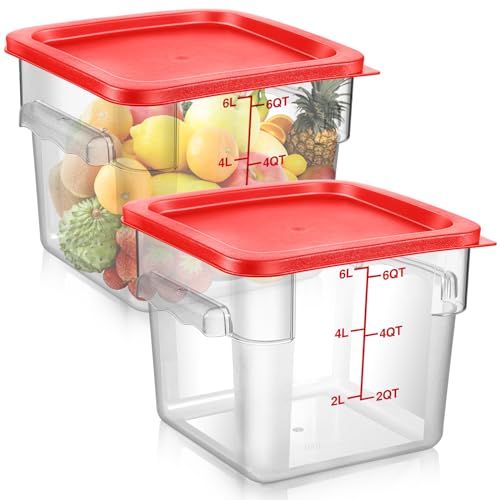 2 Pcs Square Clear Food Storage Container with Lid, Red, 6 Qt