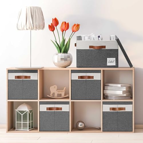 Storage Bins with Lids 3 Pack, Large Storage Baskets with Lids and Label, Foldable Fabric Storage Boxes with 3 PU Handles for Organizing Shelves Home Nursery Office (Grey, 15x11x9.6) - view 4