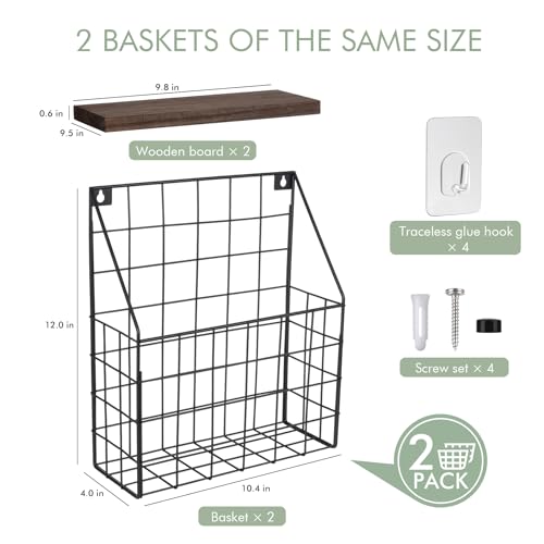 Mail Holder Magazine Basket 2Pack Black Wall Mount File Organizer Wood Rack - view 3