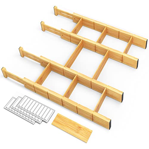 Bamboo Drawer Dividers with Inserts and Labels, Kitchen Adjustable Drawer Organizers, Expandable Organization for Home, Office, Dressers, 4 Dividers with 9 Inserts (17"-22" Natural)