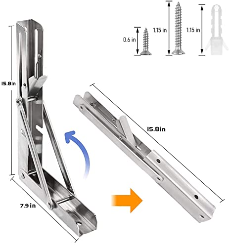 Folding Shelf Brackets Stainless Steel 16 inch 2 Pcs Max Load: 350 lb - Heavy Duty DIY Wall Mounted Collapsible Shelf Bracket, Space Saving for Garage Workstation, Stuff Supports, Table, Workbench - view 2