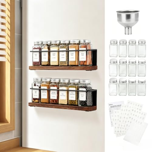 Magnetic Spice Rack Organizer with 12 Jars, 216 Labels, 1 Steel Funnel for Refrigerator，Microwave Oven - Full Set of Seasoning Organizer, Kitchen Gadgets