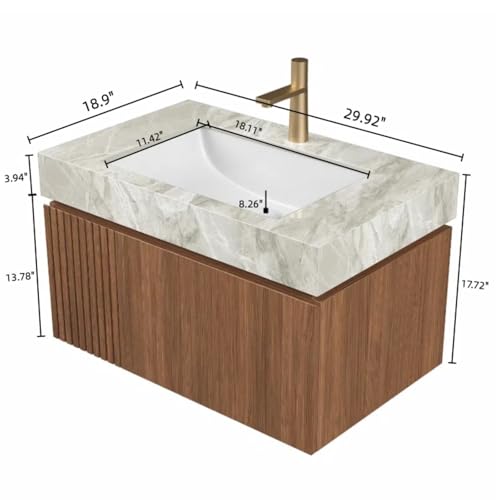 30" Bathroom Vanity with Sink, Wall-Mounted Plywood Bathroom Storage Cabinet with Ceramic Basin & Sintered Stone Countertop, Modern Pre-Assembled Floating Vanity with Drawer & Door, Brown Oak - view 2