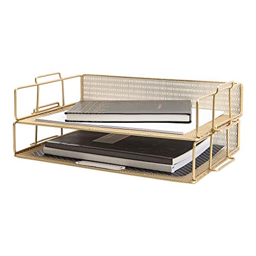 Paper Tray Stackable Gold Mesh Set of 2 | Stackable File Trays for Desk Organization | Tiered Desk Organizer with Metal Letter Trays