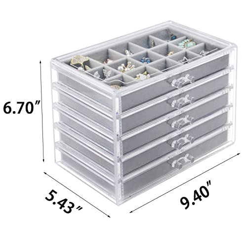 Acrylic Jewelry Box with 5 Drawers, Clear Earring Storage Organizer Display Case for Women Girls, Gray - view 5