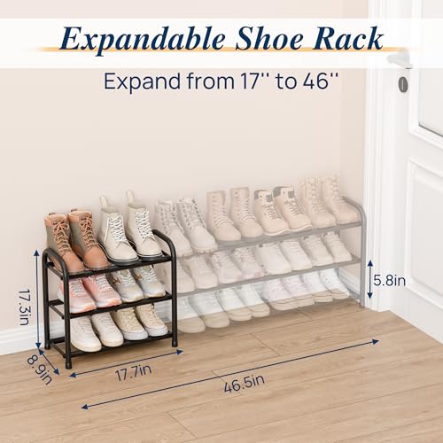 3 Tier Expandable Shoe Rack, Metal Small Shoes Shelf, Black - view 2