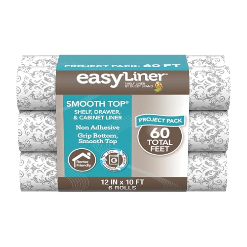 Smooth Top EasyLiner for Cabinets & Drawers, Easy to Install, Shelf Paper & Drawer Liner Non Adhesive, Non Slip Shelf Liner for Pantry, Kitchen Essentials, 12 in x 10 ft (6 Pack), 60 ft, Gray Damask