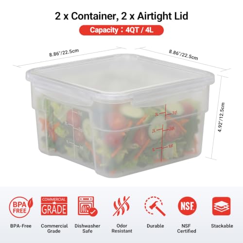 2 Pack 4 QT Airtight Commercial Food Storage Containers, BPA-Free Translucent Polypropylene, Built-In Labeling Area, Stackable for Coffee Beans & Dry Goods, Shallow Model - view 2
