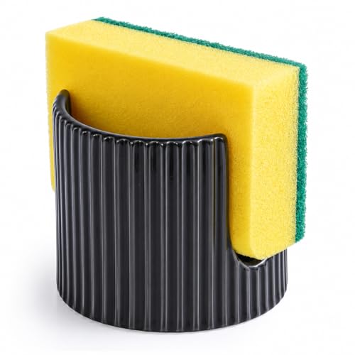 Ceramic Sponge Holder for Kitchen Sink, Quick Dry Sink Caddy Organizer with Non-Slip Base, Farmhouse Sponge and Brush Holder for Countertop, Bathroom or Kitchen, Black
