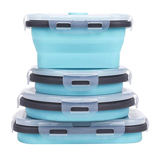 Collapsible Silicone Food Storage Containers with Airtight Lids, Set of 4 Stacking Container, Microwave and Freezer and Dishwasher Safe, with Vent Valve, BPA Free (350ml and 500ml)