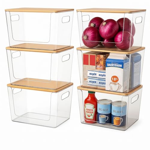 6 Pack Clear Stackable Storage Bins with Bamboo Lids, Trash Bag Holder Dispenser Under Sink Organizer for 4-13 Gal Bags, Plastic Storage Containers for Pantry Bathroom Kitchen Organization