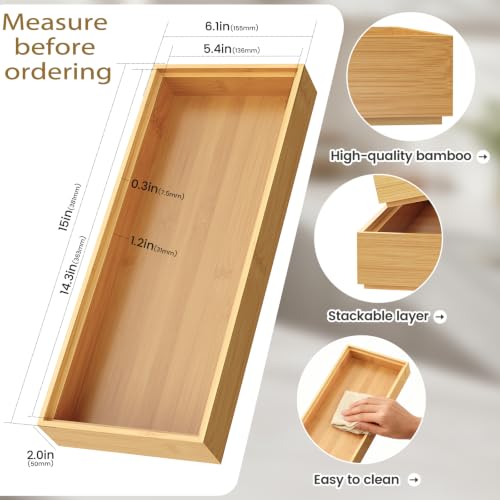 Bamboo Drawer Organizer, Stackable Utensil Trays for Kitchen, Wood Silverware Organizer for Drawer, Set of 2-15"x6"x2" - view 5
