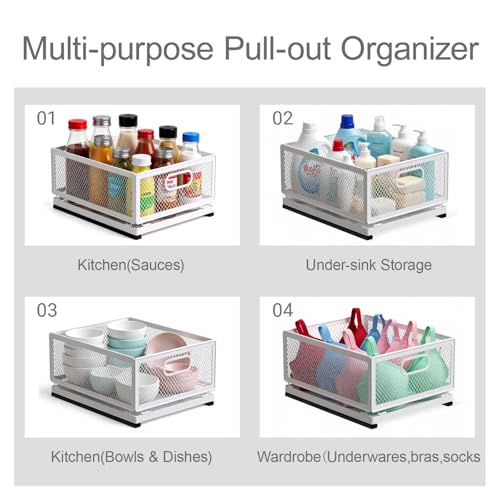 Pull-Out Cabinet Organizer W 9.4"x D 15.7"XH 8.3" Metal Steel Slide Basket with Adhesive Rails for Kitchen, Closet, Pantry Storage bathroom Sliding Drawer Rack undersink shelf - view 4