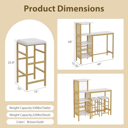 Bar Table and Chairs Set for 2, Tall Kitchen Counter Dining with Storage Shelves, Cup Holder & Wine Rack, PU Leather Cushion Stools - Small Space Solution, Gold - view 2