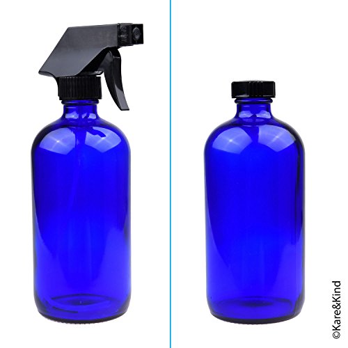 Essential Oil Bottle Kit. 2 Essential Oil Bottles 240ml/8oz (Cobalt Blue and Amber Brown), 2 Trigger Sprayers with Fine Mist, Powerful Stream and 'Off' Settings, 2 Storage Caps, 78 Labels. - view 3